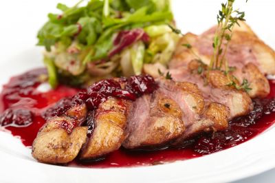 Roast Duck Half with Cherry Scallion Compote